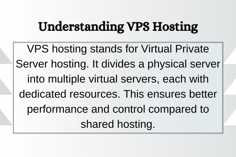 VPS hosting stands for Virtual Private Server hosting. It divides a physical server into multiple virtual servers, each with dedicated resources. This ensures better performance and control compared to shared hosting.